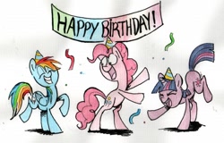 Size: 776x498 | Tagged: safe, artist:nukilik, pinkie pie, rainbow dash, twilight sparkle, earth pony, pegasus, pony, unicorn, birthday, dancing, happy birthday, hat, party, party hat, rearing