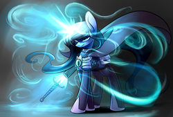 Size: 1748x1181 | Tagged: safe, artist:underpable, oc, oc only, oc:selene, pony, unicorn, armor, magic, solo, sword, telekinesis