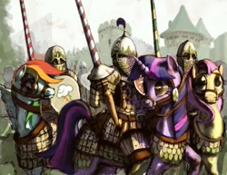 Size: 1017x786 | Tagged: safe, artist:lordgood, fluttershy, rainbow dash, twilight sparkle, horse, human, armor, bulgaria, fantasy class, harness, horseback, humans riding horses, humans riding ponies, knight, lance, shield, slavic, spear, warrior