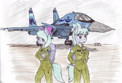 Size: 3254x2206 | Tagged: safe, artist:topgun308, cloudchaser, flitter, anthro, clothes, jet, jumpsuit, lunar republic, new lunar republic, plane, su-34, su-34 fullback, sukhoi, traditional art