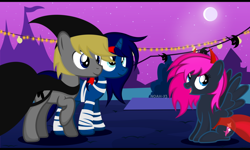 Size: 1024x614 | Tagged: safe, artist:noah-x3, oc, oc only, oc:neon flare, oc:noah, oc:serene, clothes, costume, group, nightmare night, nightmare night costume, norene