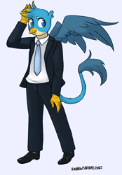 Size: 2010x2881 | Tagged: safe, artist:rainbowsprinklesart, gallus, anthro, plantigrade anthro, clothes, necktie, shoes, simple background, solo, suit