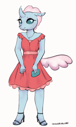 Size: 1784x3000 | Tagged: safe, artist:rainbowsprinklesart, ocellus, anthro, plantigrade anthro, clothes, dress, ear piercing, earring, high heels, jewelry, nail polish, necklace, piercing, purse, shoes, simple background, solo, white background