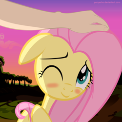 Size: 1200x1200 | Tagged: safe, artist:ponyecho, fluttershy, oc, oc:anon, human, pony, blushing, cute, female, floppy ears, hand, head rub, human on pony action, human on pony petting, interspecies, looking at you, mare, petting, ponyecho is trying to murder us, show accurate, shy, shyabetes, smiling, weapons-grade cute, wink