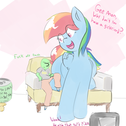 Size: 1200x1200 | Tagged: safe, artist:askcanadash, rainbow dash, oc, oc:anon, human, pony, giant pony, ginger ale, macro, open mouth, sitting, sofa, spider-man 2, teasing, television, vulgar