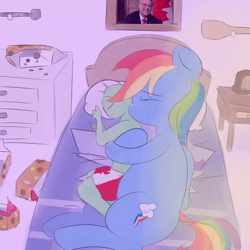 Size: 1100x1100 | Tagged: safe, artist:askcanadash, rainbow dash, oc, oc:anon, human, pony, boxers, chubby, clothes, cuddling, giant pony, human on pony snuggling, macro, size difference, sleeping, snuggling, spooning, stephen harper, timbits, underwear