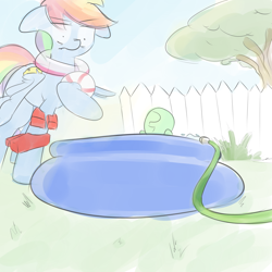 Size: 1500x1500 | Tagged: safe, artist:askcanadash, rainbow dash, oc, oc:anon, human, pony, giant pony, lifejacket, macro, raised hoof, scrunchy face, swimming, swimming pool, water wings