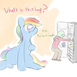 Size: 990x990 | Tagged: safe, artist:askcanadash, rainbow dash, oc, oc:anon, human, pegasus, pony, balancing, canada, curious, giant pony, macro, milk, milk bag, ponies balancing stuff on their nose, refrigerator, sitting