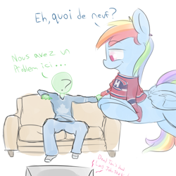 Size: 1200x1200 | Tagged: safe, artist:askcanadash, rainbow dash, oc, oc:anon, human, pony, clothes, french, giant pony, hockey, jersey, leaning, macro, montreal canadiens, muppets treasure island, national hockey league, nhl, sofa, sports, television, toronto maple leafs, translated in the comments