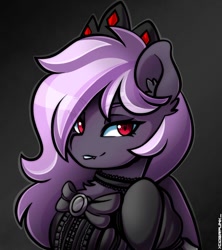 Size: 842x949 | Tagged: safe, artist:ciderpunk, derpibooru import, oc, oc only, oc:sak, bat pony, pony, vampire, vampony, bat pony oc, bust, clothes, fangs, goth, gothic, gradient background, red eyes