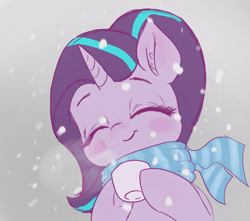 Size: 1140x1010 | Tagged: safe, artist:t72b, derpibooru exclusive, derpibooru import, starlight glimmer, pony, unicorn, blushing, bust, clothes, cold, cup, cute, eyes closed, female, glimmerbetes, hoof hold, mare, scarf, simple background, smiling, snow, snowfall, solo, steam, teacup, transparent background