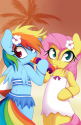 Size: 3338x5138 | Tagged: safe, artist:grumblepluck, fluttershy, rainbow dash, pegasus, pony, semi-anthro, absurd resolution, attached skirt, beach, bikini, clothes, cute, dress, female, flower, flower in hair, mare, popsicle, sundress, swimsuit