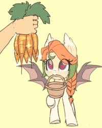 Size: 880x1100 | Tagged: safe, artist:angelbeat-drift, derpibooru import, oc, oc only, oc:autumn harvest, bat pony, human, pony, animated, basket, bat pony oc, braid, carrot, colored pupils, cute, ear tufts, excited, eye shimmer, eyes on the prize, female, food, gif, hand, happy, heart eyes, herbivore, holding, horses doing horse things, mare, mouth hold, nom, ocbetes, offscreen character, offscreen human, raised hoof, simple background, smiling, solo focus, sparkles, spread wings, stomping, tan background, wingding eyes, wings, yellow background