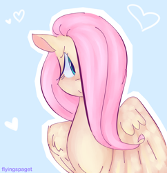Size: 1280x1320 | Tagged: safe, artist:flyingspaget, derpibooru import, fluttershy, pegasus, pony, blue background, bust, cute, female, hair over one eye, heart, looking at you, mare, outline, shyabetes, simple background, smiling, solo, wings