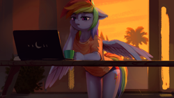 Size: 1920x1080 | Tagged: safe, artist:quvr, derpibooru import, rainbow dash, anthro, pegasus, cheek fluff, clothes, computer, cup, cute, dashabetes, ear fluff, female, laptop computer, mare, mug, notebook, palm tree, shirt, solo, spread wings, t-shirt, tired, tree, underwear, wings