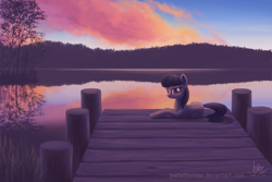 Size: 1575x1049 | Tagged: safe, artist:joellethenose, octavia melody, earth pony, pony, beautiful, bedroom eyes, cloud, cloudy, evening, female, grass, lake, looking at you, mare, missing accessory, nature, outdoors, pier, prone, reflection, scenery, scenery porn, signature, sky, smiling, solo, sunset, tree