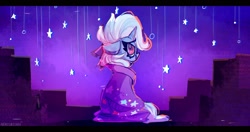 Size: 2400x1265 | Tagged: safe, artist:nekosnicker, derpibooru import, trixie, pony, aesthetics, cape, city, clothes, night, sad, solo, stars, trixie's cape, vaporwave