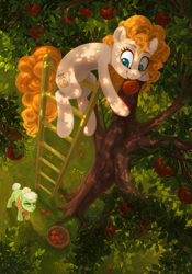 Size: 2067x2953 | Tagged: safe, artist:amishy, derpibooru import, granny smith, pear butter, earth pony, pony, apple, apple tree, cute, dappled sunlight, digital art, displeased, duo, duo female, fanfic art, female, food, glare, granny smith is not amused, hair bun, ladder, looking at each other, looking down, looking up, mare, mother and daughter-in-law, mouth hold, pearabetes, smiling, tree, unamused, young granny smith, younger