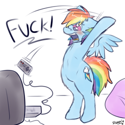 Size: 900x900 | Tagged: safe, artist:skoon, rainbow dash, pegasus, pony, angry, bipedal, blushing, controller, floppy ears, fluffy, fuck, glare, nintendo, nintendo entertainment system, open mouth, rage, rage quit, solo, television, vulgar