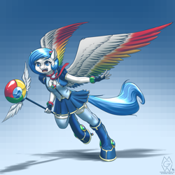 Size: 2000x2000 | Tagged: safe, artist:mykegreywolf, oc, oc only, oc:google chrome, anthro, pegasus, unguligrade anthro, anthro oc, boob window, browser ponies, cleavage, clothes, female, google chrome, happy, high res, magical girl, necktie, ponified, skirt, solo, spread wings, staff, thigh highs, vest, wand