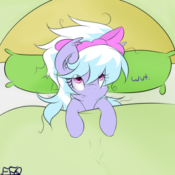 Size: 2000x2000 | Tagged: safe, artist:freefraq, cloudchaser, accessory swap, bed, bed mane, bow, cute, fluffy, looking up, on back, pillow, smiling, solo, wat