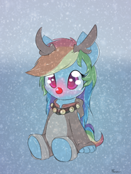 Size: 900x1200 | Tagged: safe, artist:alasou, rainbow dash, pegasus, pony, animal costume, antlers, bells, chibi, clothes, collar, cute, dashabetes, red nose, reindeer dash, rudolph dash, rudolph the red nosed reindeer, sitting, snow, snowfall, solo, winter