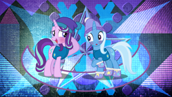 Size: 3840x2160 | Tagged: safe, artist:laszlvfx, artist:mundschenk85, derpibooru import, edit, starlight glimmer, trixie, pony, unicorn, best gift ever, winter wrap up, blushing, duo, female, lesbian, mare, shipping, startrix, toque, wallpaper, wallpaper edit, winter wrap up vest