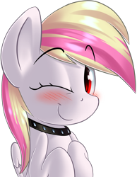 Size: 1176x1519 | Tagged: safe, artist:january3rd, oc, oc only, oc:rainy skies, pegasus, pony, blushing, collar, cute, raised hoof, simple background, solo, transparent background, wink