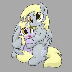 Size: 1050x1050 | Tagged: safe, artist:dendollae, derpy hooves, dinky hooves, pegasus, pony, unicorn, :3, cute, derp, derpabetes, dinkabetes, duo, equestria's best daughter, equestria's best mother, female, filly, gray background, headcanon, hug, mare, mother and child, mother and daughter, parent and child, simple background, sitting, smiling, snuggling, wing hands, winghug