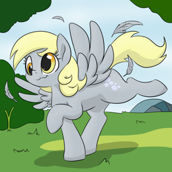 Size: 1050x1050 | Tagged: safe, artist:dendollae, derpy hooves, pegasus, pony, :3, cute, derp, derpabetes, feather, female, grass, landing, mare, solo, tree