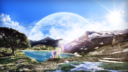 Size: 1920x1080 | Tagged: safe, artist:ebontopaz, artist:romus91, fluttershy, bird, irl, lens flare, moon, mountain, photo, river, stream, sun, tree, vector, wallpaper