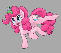 Size: 1200x1050 | Tagged: safe, artist:dendollae, gummy, pinkie pie, earth pony, pony, cute, dancing, diapinkes, duo, female, gray background, mare, open mouth, simple background, smiling