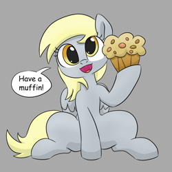 Size: 1050x1050 | Tagged: safe, artist:dendollae, derpy hooves, pegasus, cute, derp, derpabetes, female, food, gray background, mare, muffin, offering, simple background, sitting, solo, speech bubble, talking to viewer