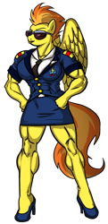 Size: 1024x2121 | Tagged: safe, artist:ritualist, spitfire, anthro, plantigrade anthro, belt, belt buckle, button-up shirt, clothes, fetish, fitfire, hand on hip, high heels, lapel, lips, miniskirt, muscle fetish, muscles, my muscle pony, necktie, simple background, skirt, solo, sunglasses, tight clothing, transparent background, wonderbolts uniform