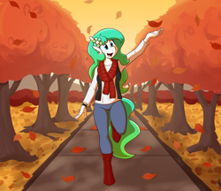 Size: 3000x2596 | Tagged: safe, artist:whatsapokemon, derpibooru import, oc, oc only, oc:gumdrop, anthro, earth pony, autumn, clothes, female, flower, flower in hair, leaves, scarf, solo, tree