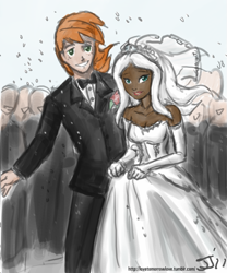 Size: 667x800 | Tagged: safe, artist:johnjoseco, artist:michos, color edit, edit, big macintosh, zecora, human, colored, female, humanized, macora, male, marriage, shipping, straight, wedding