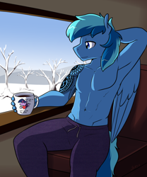 Size: 2032x2448 | Tagged: safe, artist:whatsapokemon, derpibooru import, twilight sparkle, oc, oc:umami stale, anthro, pegasus, armpits, clothes, coffee mug, male, mug, pants, partial nudity, solo, tattoo, topless, winter