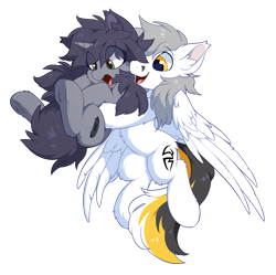 Size: 1500x1495 | Tagged: safe, artist:hioshiru, derpibooru import, oc, oc only, oc:kate, oc:kej, pegasus, pony, unicorn, 2020 community collab, cute, derpibooru community collaboration, ear fluff, female, flying, holding a pony, k+k, male, mare, oc x oc, shipping, simple background, stallion, straight, transparent background