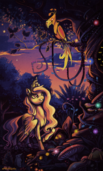 Size: 1396x2318 | Tagged: dead source, safe, artist:matrosha123, philomena, princess celestia, alicorn, firefly (insect), mouse, phoenix, pony, rat, cloud, cloudy, cute, cutelestia, eyes in the dark, forest, grin, limited palette, looking up, millipede, mushroom, oak tree, pink-mane celestia, raised hoof, scenery, signature, smiling, spread wings, sunset, tree, twilight (astronomy), younger