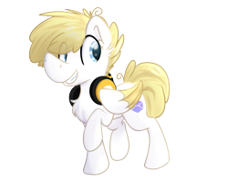 Size: 2000x1600 | Tagged: safe, artist:littleblackraencloud, derpibooru import, oc, oc only, oc:john kenza, pegasus, pony, 2020 community collab, derpibooru community collaboration, headphones, raised hoof, simple background, smiling, solo, transparent background