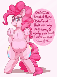 Size: 2250x3000 | Tagged: safe, artist:graphenescloset, pinkie pie, earth pony, pony, series:pinkie breaks the fourth wall, against glass, belly, belly button, bipedal, bipedal leaning, both cutie marks, chubbie pie, chubby, dialogue, fourth wall, frog (hoof), glass, incentive drive, leaning, solo, talking to viewer, this will end in weight gain, underhoof