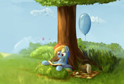 Size: 2794x1903 | Tagged: safe, artist:scootiebloom, rainbow dash, butterfly, pegasus, pony, :o, apple, balloon, basket, book, cloud, cute, dashabetes, female, flower in hair, food, grass, mare, open mouth, picnic, picnic basket, picnic blanket, reading, reading rainboom, scenery, sitting, solo, spread wings, tree, under the tree, wings