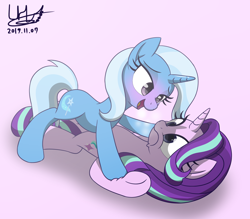 Size: 1620x1416 | Tagged: safe, artist:livehotsun, derpibooru import, starlight glimmer, trixie, pony, unicorn, blushing, female, lesbian, mare, on back, shipping, startrix