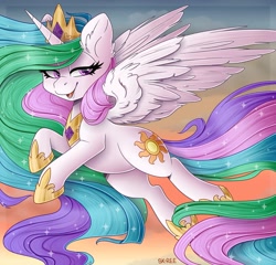 Size: 1024x984 | Tagged: safe, artist:sk-ree, derpibooru import, princess celestia, alicorn, pony, chibi, crown, female, hoof shoes, jewelry, mare, peytral, regalia, solo, spread wings, wings