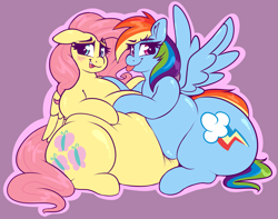 Size: 2693x2117 | Tagged: safe, artist:graphenescloset, fluttershy, rainbow dash, pegasus, pony, adorafatty, belly, big belly, blushing, cute, dashabetes, duo, fat, fattershy, female, floppy ears, obese, rainblob dash, shyabetes, squish, tongue out