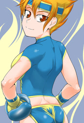 Size: 575x834 | Tagged: safe, artist:pugilismx, spitfire, human, boxing gloves, clothes, humanized, looking back, midriff, short shirt, solo, sports panties