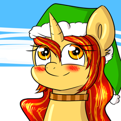 Size: 2000x2000 | Tagged: safe, artist:whisperfoot, oc, oc only, oc:autumn leaf, pony, unicorn, blushing, bust, choker, christmas, cute, hat, looking at you, portrait, santa hat, smiling, solo