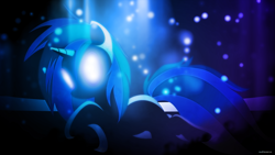 Size: 3840x2160 | Tagged: safe, artist:romus91, artist:up1ter, dj pon-3, vinyl scratch, pony, unicorn, dark, female, glasses, glowing eyes, hooves, horn, lying down, mare, solo, sunglasses, vector, wallpaper