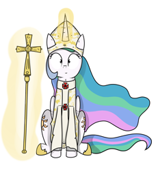 Size: 1850x2000 | Tagged: safe, artist:kippzu, derpibooru import, princess celestia, alicorn, pony, christianity, cross, drawthread, pope, solo