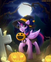 Size: 894x1080 | Tagged: safe, artist:strafe blitz, twilight sparkle, twilight sparkle (alicorn), alicorn, pony, unicorn, candle, cape, clothes, forest, gravestone, halloween, hat, holiday, jack-o-lantern, moon, mouth hold, nightmare night, pumpkin, pumpkin bucket, solo, tree, tree branch, witch hat